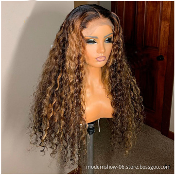 Highlight Color and Natural Color 150 Density Water Wavy Lace Frontal Wig, Brazilian Virgin Human Hair  Lace Front  Wigs